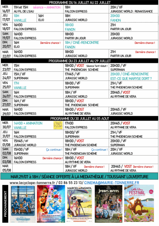 Prog ciné Tonnerre du 16 juillet au 5 août