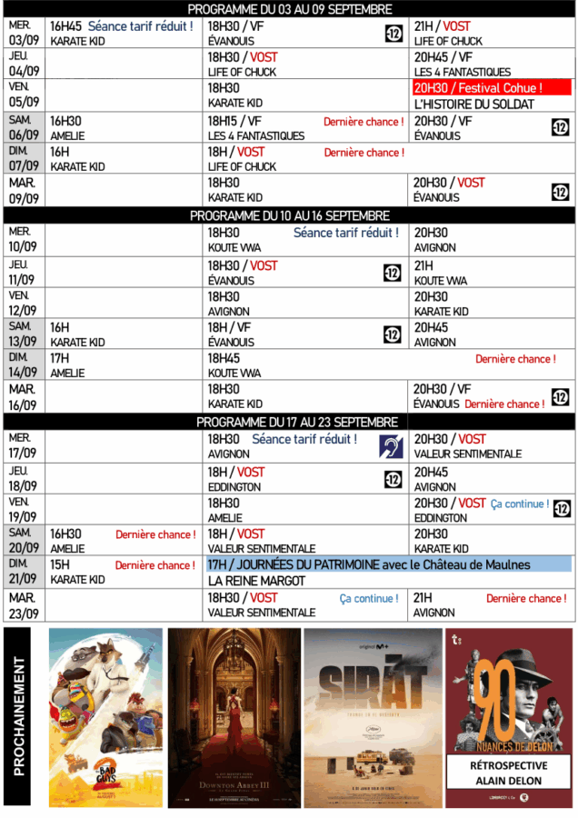 Prog ciné Tonnerre du 3 au 23 septembre