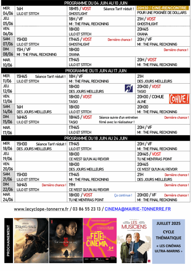 Prog ciné Tonnerre du 4 juin au 10 juin
